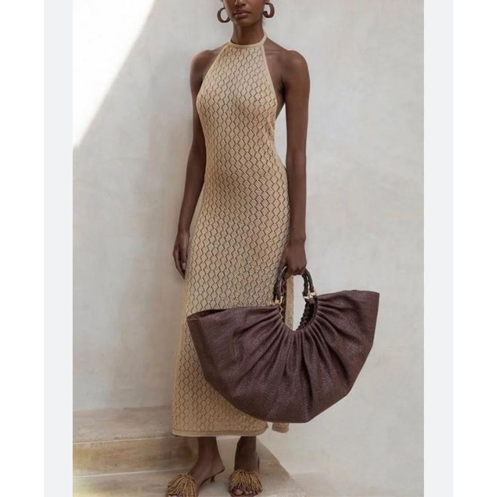 Boston Proper S sand crochet maxi halter dress with lining to knee; side slit, R